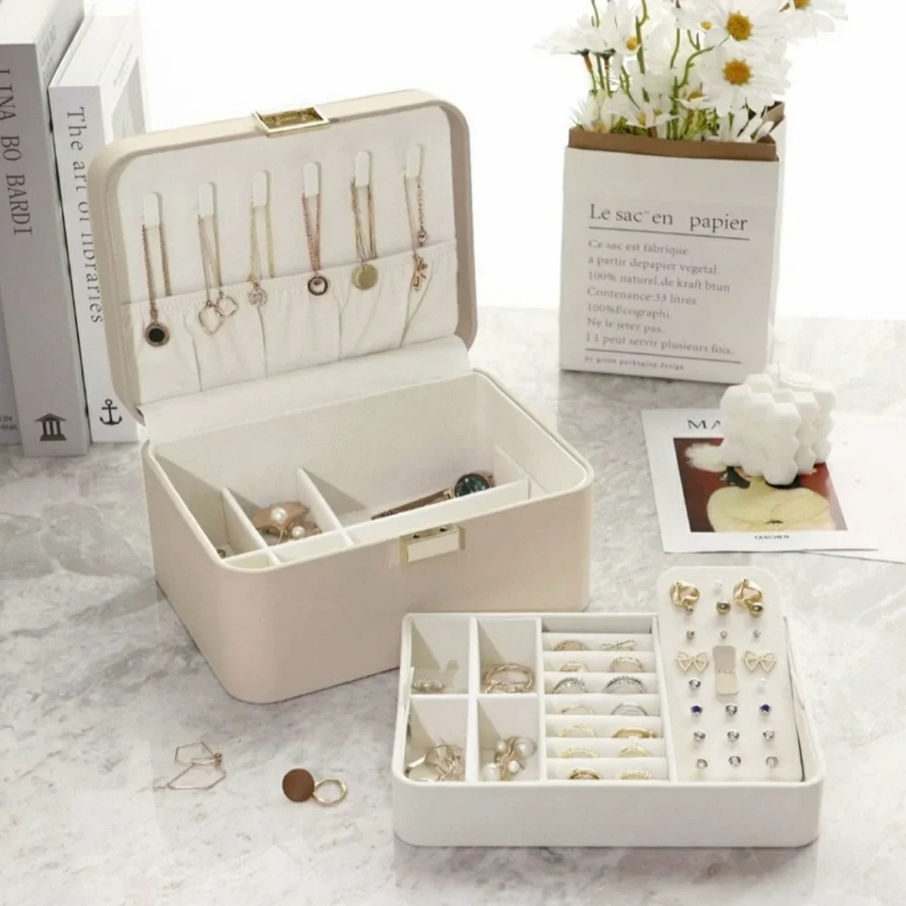Kamier 2-Tier Beige Jewelry Box with Mirror